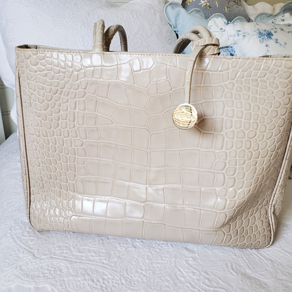 Furla Light Taupe/ Ecru Leather Croc Embossed Sholder Bag /Tote Bag with Dustbag - Picture 14 of 15
